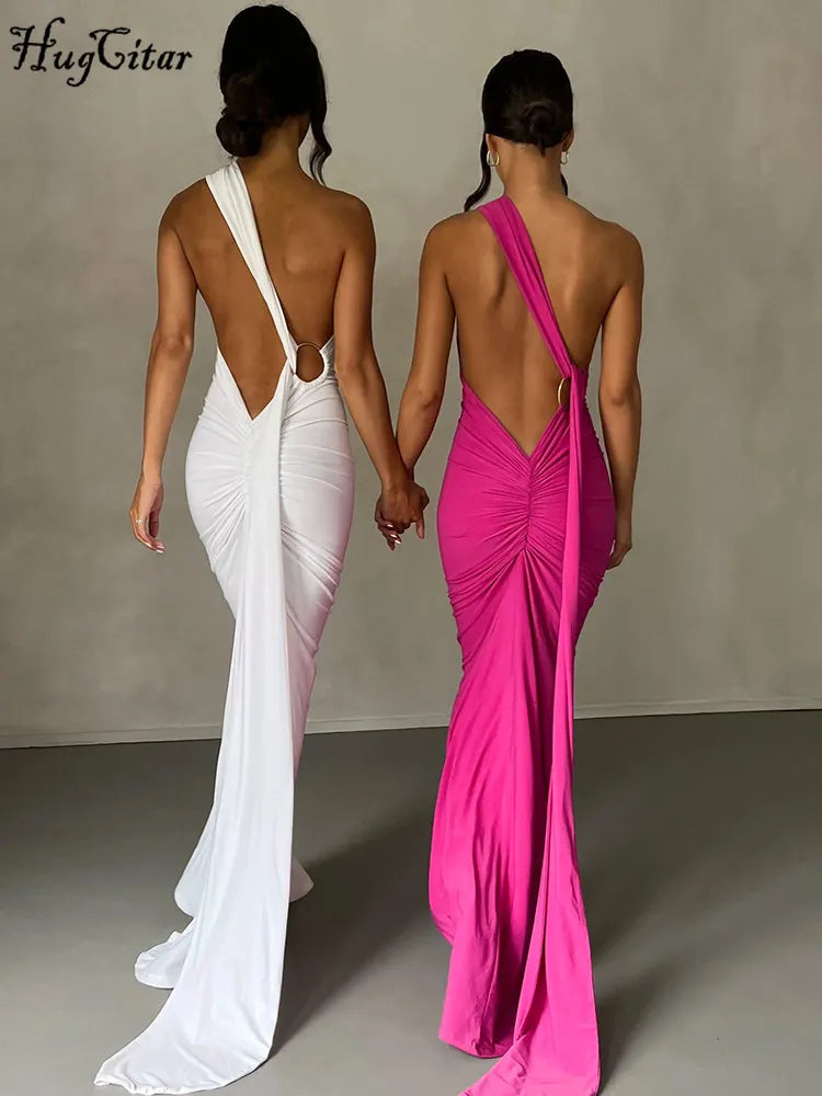 Hugcitar Sexy Maxi Dress WomenOne Shoulder Backless Adjustable Scarf