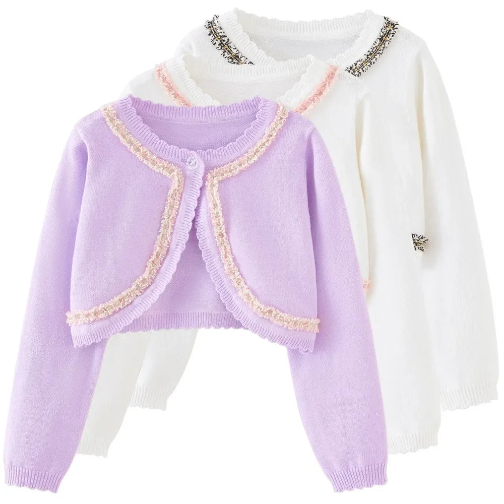 2025 2-14 years old Purple girls Cardigan Thin Spring Children's knit sweater 3 4 6 8 10 12 14 year old children's clothing