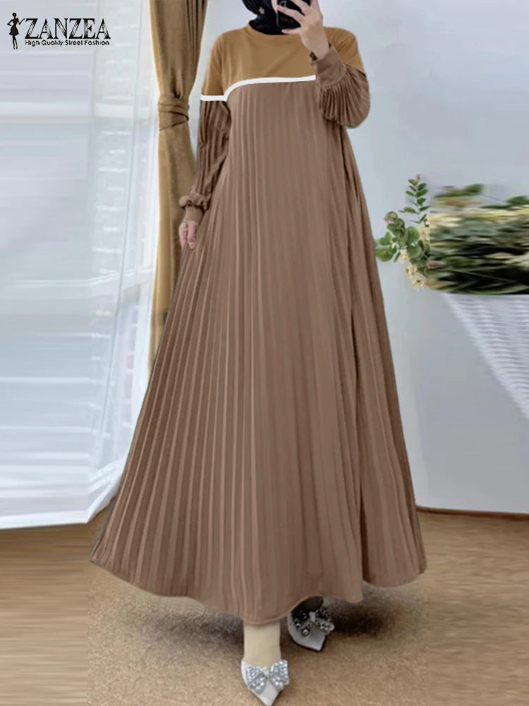 ZANZEA Muslim Women Color-Block Maxi Dress Plisse Patchwork Trendy Islamic Long Sleeve Abaya Robe Hijab O Neck Pleated Vestidos