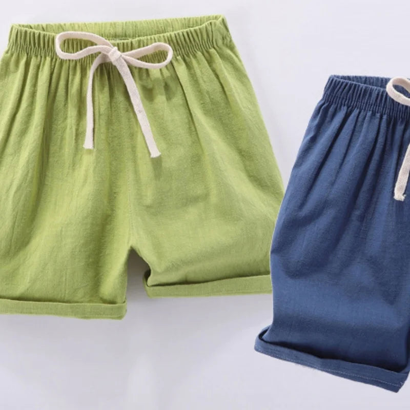 Children's Shorts For Boys Girls Linen Cotton Summer Thin Breathable Elastic Waist Beach Sport Short Pants Casual Loose Kid Pant