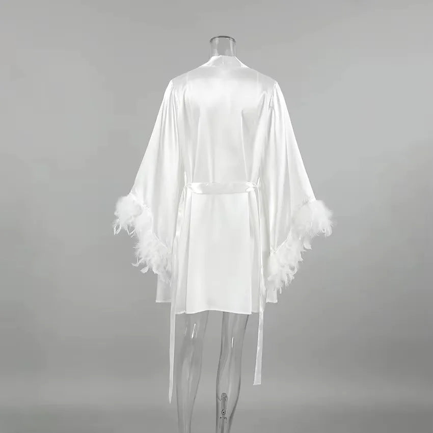 Wedding Bride Robe Morning Gown Elegant Feather Female Kimono Bathrobe Gown Sexy Rayon Summer New Sleepwear Nightwear Lingerie