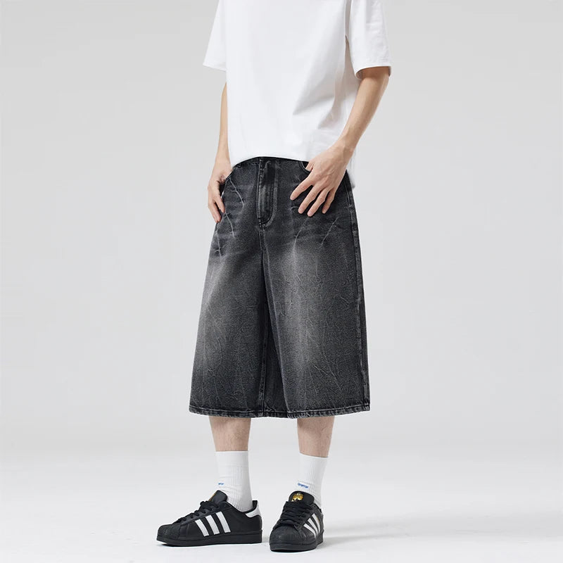 2025 Summer American Lightning Crack Black Grey Jeans Men's Straight Tube Loose Wide Leg Shorts Y2k Street Hip Hop Sevens