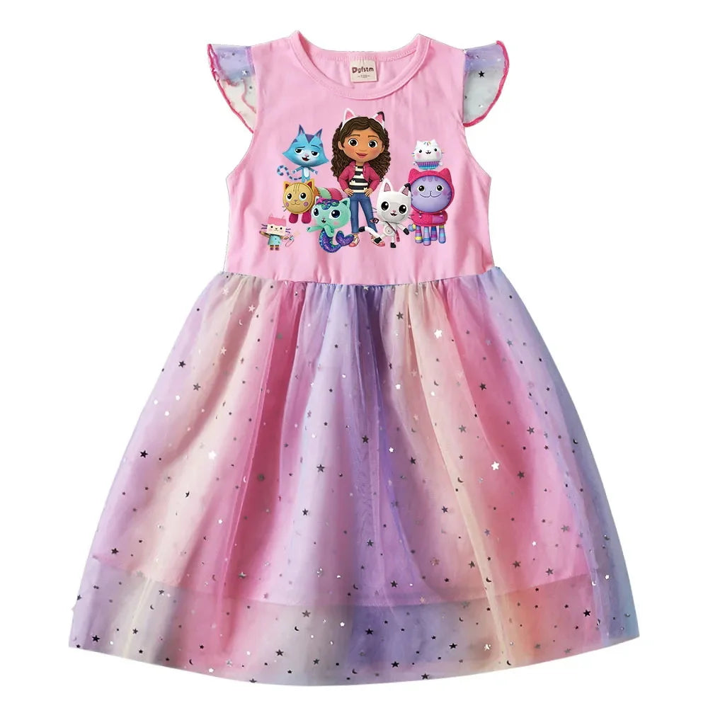 Baby Girls Dress Children Cartoon Mesh Star Sequins Princess Dress Kids Flying Sleeve Skirt For Daily Halloween Birthday Gift