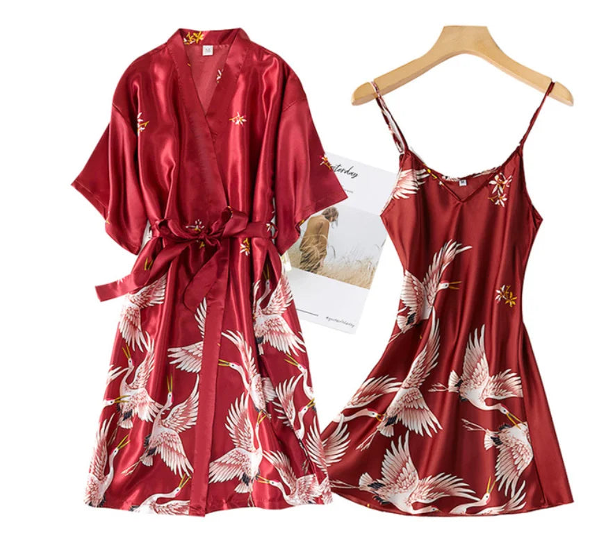 Sexy Nightwear Gown Set Women 2PC Pyjama V-Neck Pajamas Silky Sleepwear Spring Lady Sleep Suit Robe Wear Home Negligee Homewear