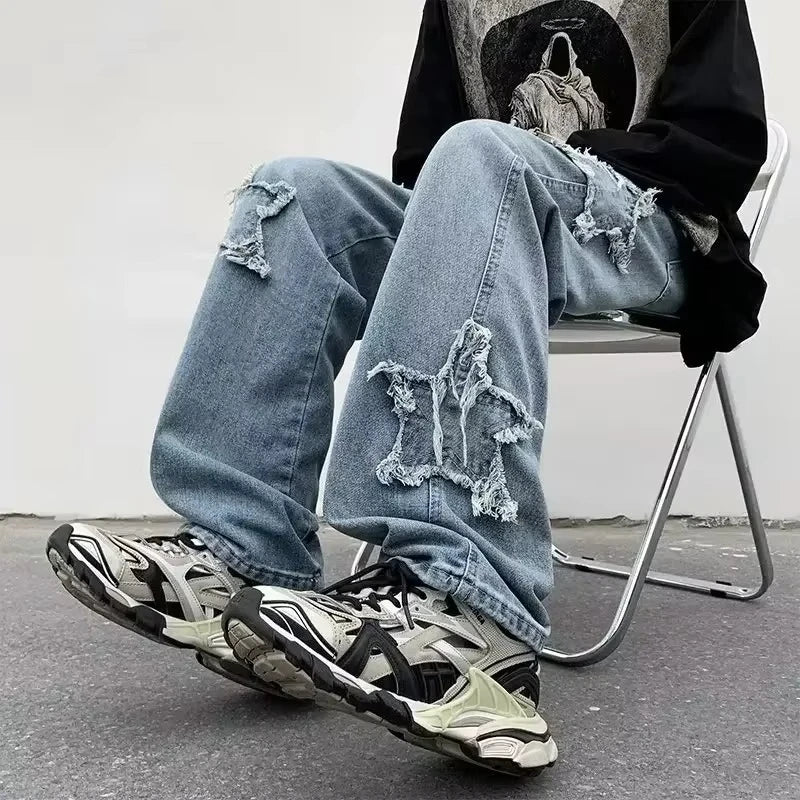 2025 New Fashion Stars Towel Embroidery Brown Men Jeans Pants Y2K Clothes Straight Hip Hop Cotton Trousers Pantalon Homme