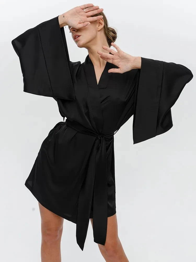 Sexy Women's Dressing Gown Flare Sleeve Bathrobe Female Black Loose Robes Women V-Neck Women's Nightwear With Sashes 2022