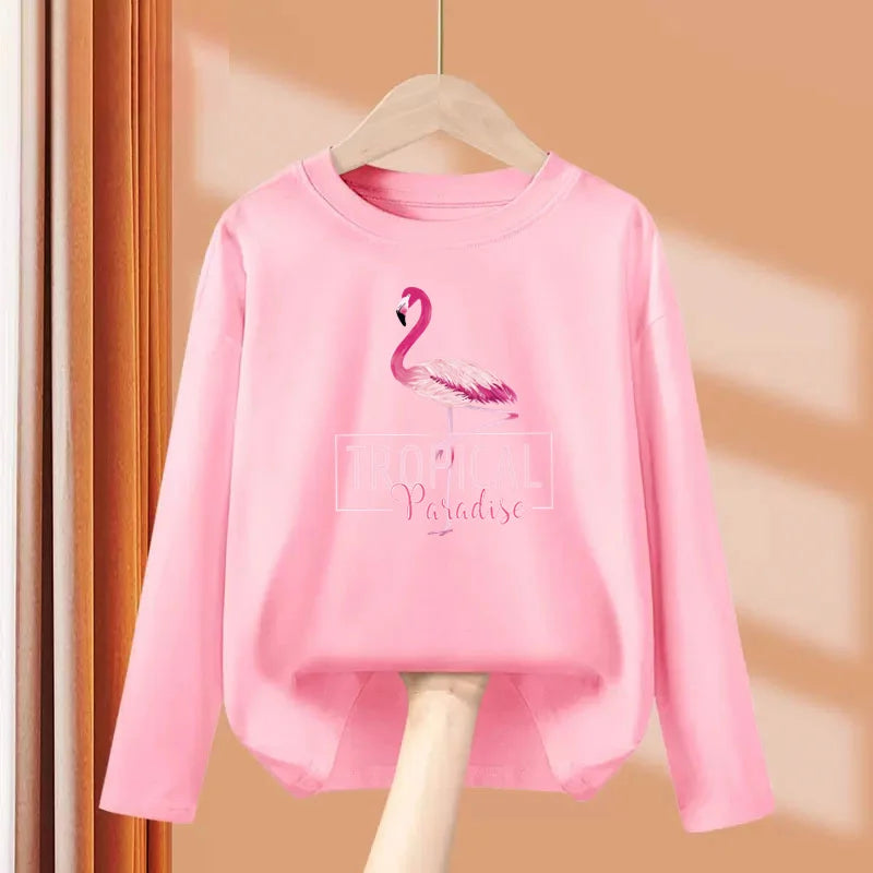 2024 New Flamingo Long Sleeved T-shirt Little Girls in Autumn Round Neck Cotton Tops Children Fashion Tees 3-14 Age