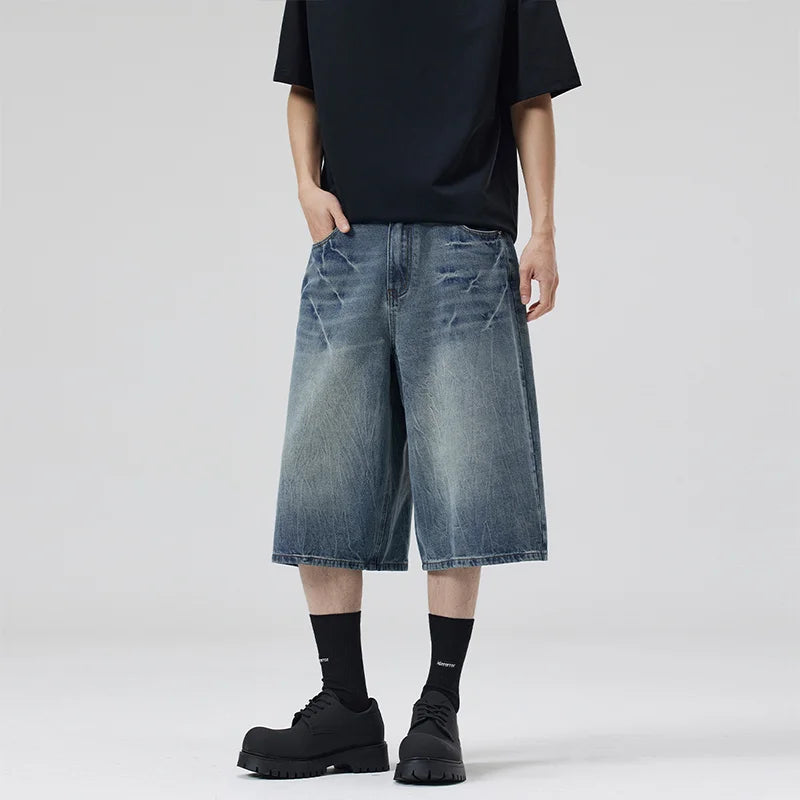 2025 Summer American Lightning Crack Black Grey Jeans Men's Straight Tube Loose Wide Leg Shorts Y2k Street Hip Hop Sevens