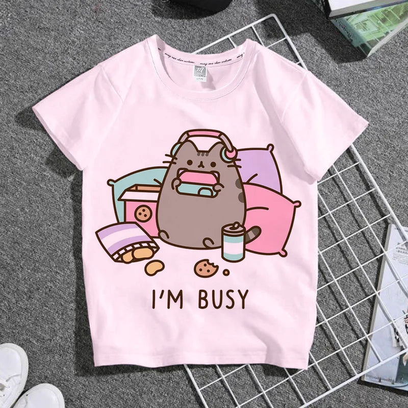 Summer Boys and Girls Children's T-shirt Cute Cat Cat Novel Cartoon Print Primary School Short Sleeve Parent-child Clothing