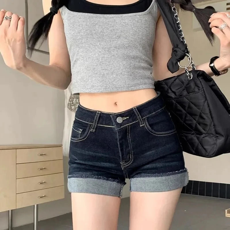 Retro Roll Up Hem Washed Denim Shorts Women Streetwear High Waist Slimming Hot Pants Korean Fashion Deep Blue Hip Wrapping Jeans