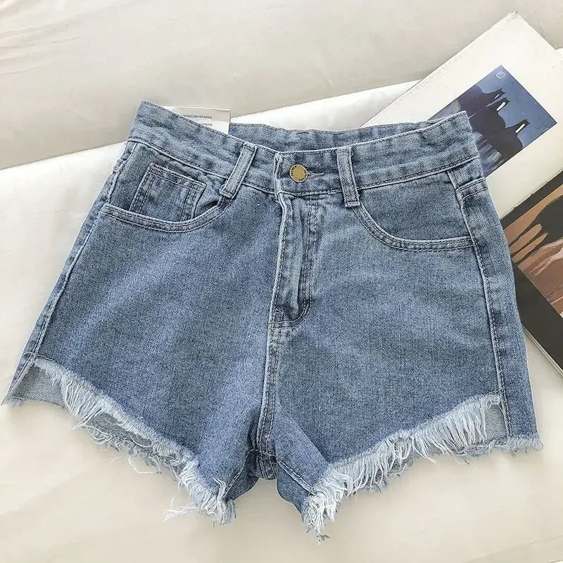 2025 New Summer Women High Wiast Raw Hem Denim Shorts Soild White Black Blue Korean Wide Leg Pants Mon Shorts  Jean Shorts