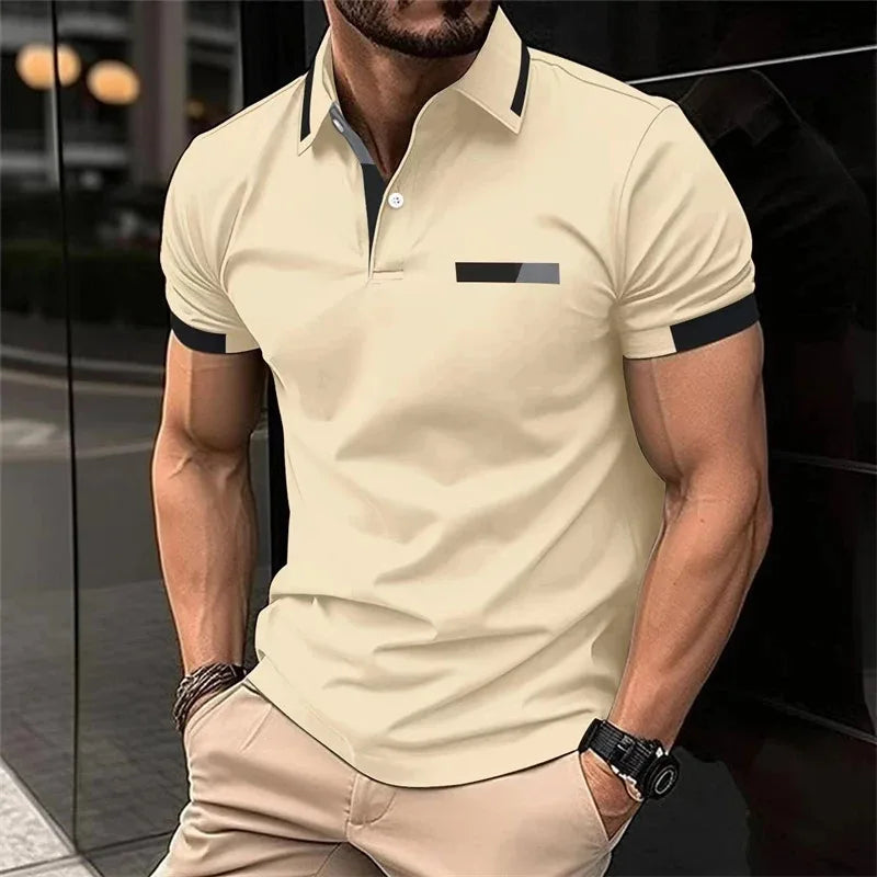 Men's fitness casual sports T-shirt, gym running sports elastic short-sleeved Polo shirt, lapel top, men's tight T-shirt