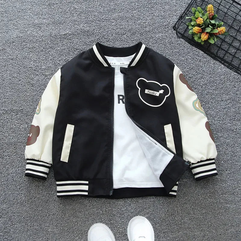 2025 Spring Autumn New Boys Girls Jacket Cartoon Bear Letter Print Baseball Uniform For 4-12 Years Children Sports Outerwear