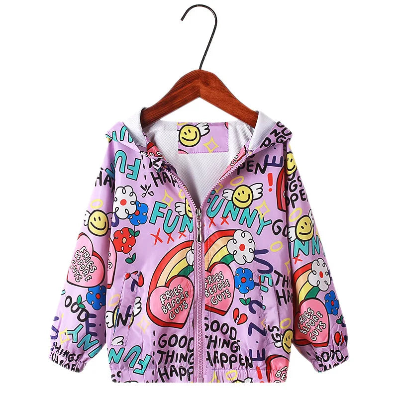 Children Jacket 2 3 4 5 6 7 8 9Y Girl Clothes Spring Cotton Kids Graffiti Hoodie Ziper Toddler Girls Windbreaker Coat Autumn Top