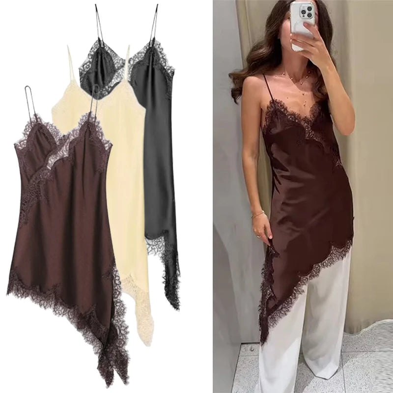 Satin Sexy Lace Spliced Short Sling Dress Women Sleeveless Backless