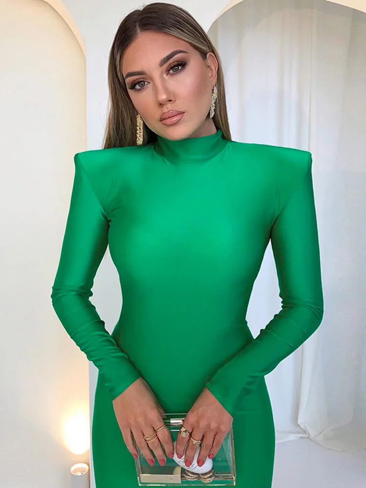 Shoulder Padded Long Sleeve Party Club Maxi Long Dress