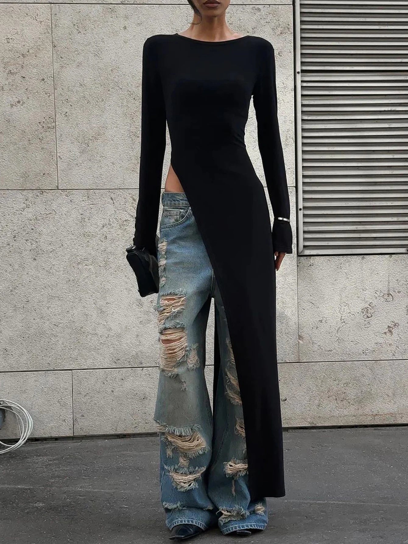 Dulzura Long Sleeves Side High Slit Maxi Dress Solid Sexy Long Dress Women’S Party Club Streetwear Autumn Winter Outfit