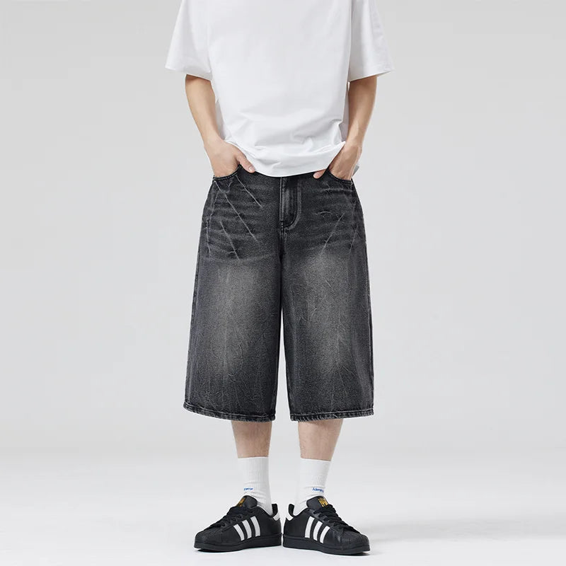 2025 Summer American Lightning Crack Black Grey Jeans Men's Straight Tube Loose Wide Leg Shorts Y2k Street Hip Hop Sevens