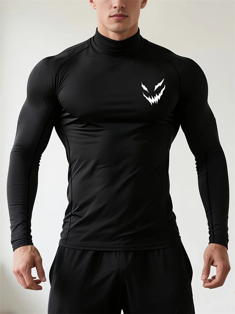 Men's Smiling Face Print Quick-drying Tight Long-sleeved T-shirt Fitness Training Stretch Top Spring and Autumn Turtleneck Tees