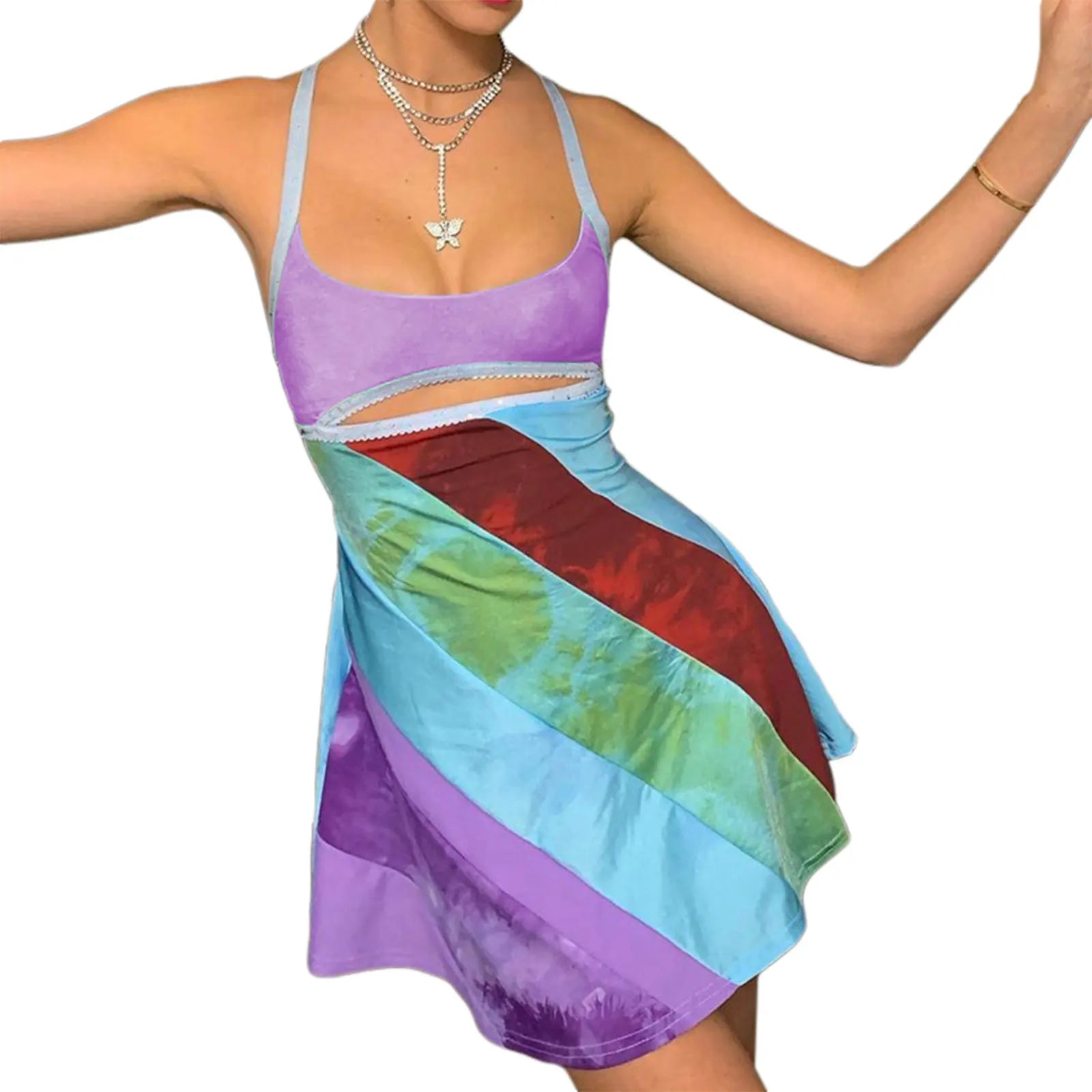 2024 New Women’s Casual Sweet Suspender A-line Dress Fashion Contrast Color U-neck Hollow Short Dress