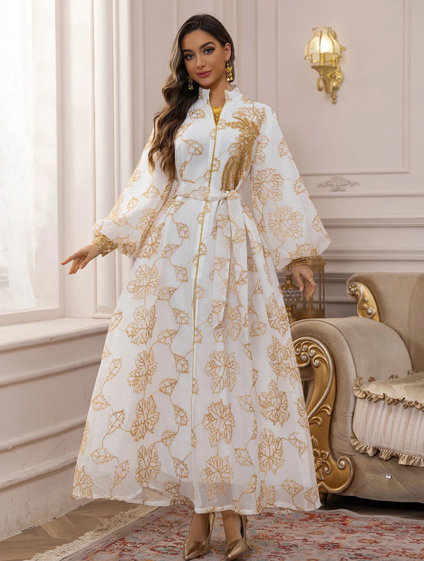 2025 Luxury Muslim Abaya White Base Gold Floral Embroidered Long Dress with Belted Waist Elegant Modest Islam Formal Wear  Dubai