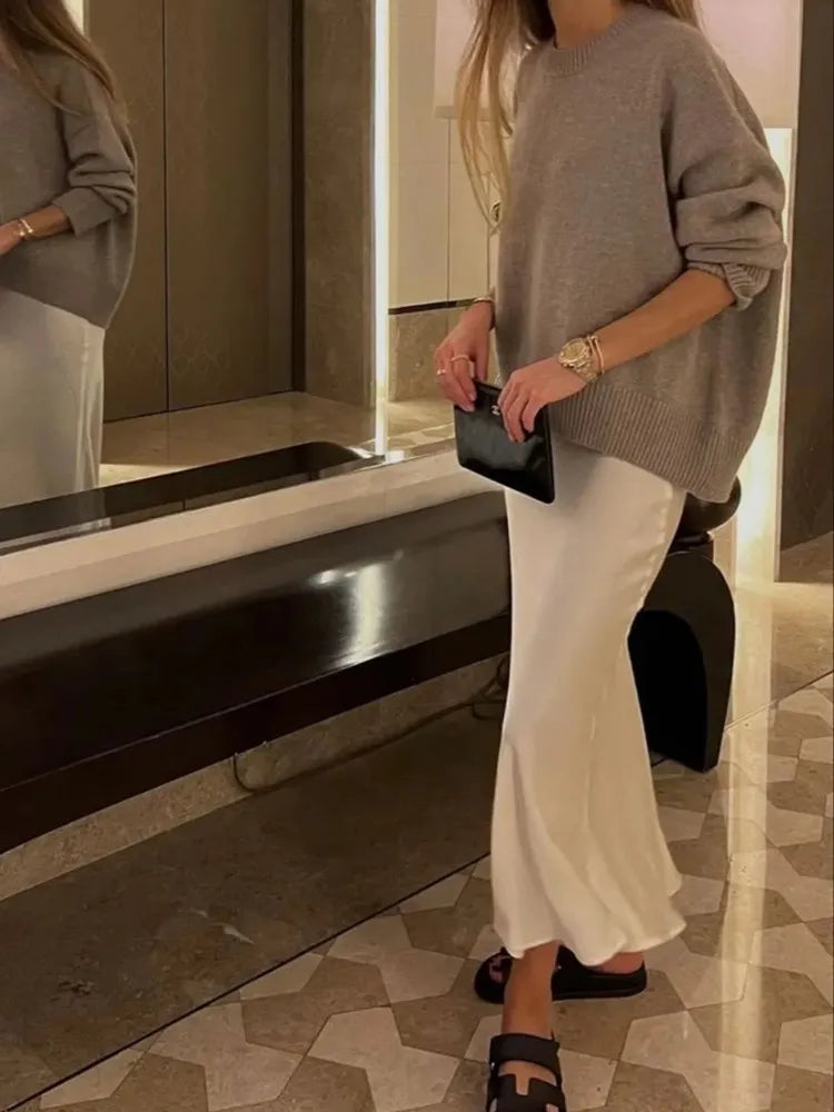 High-Waist Black Satin Midi Skirt