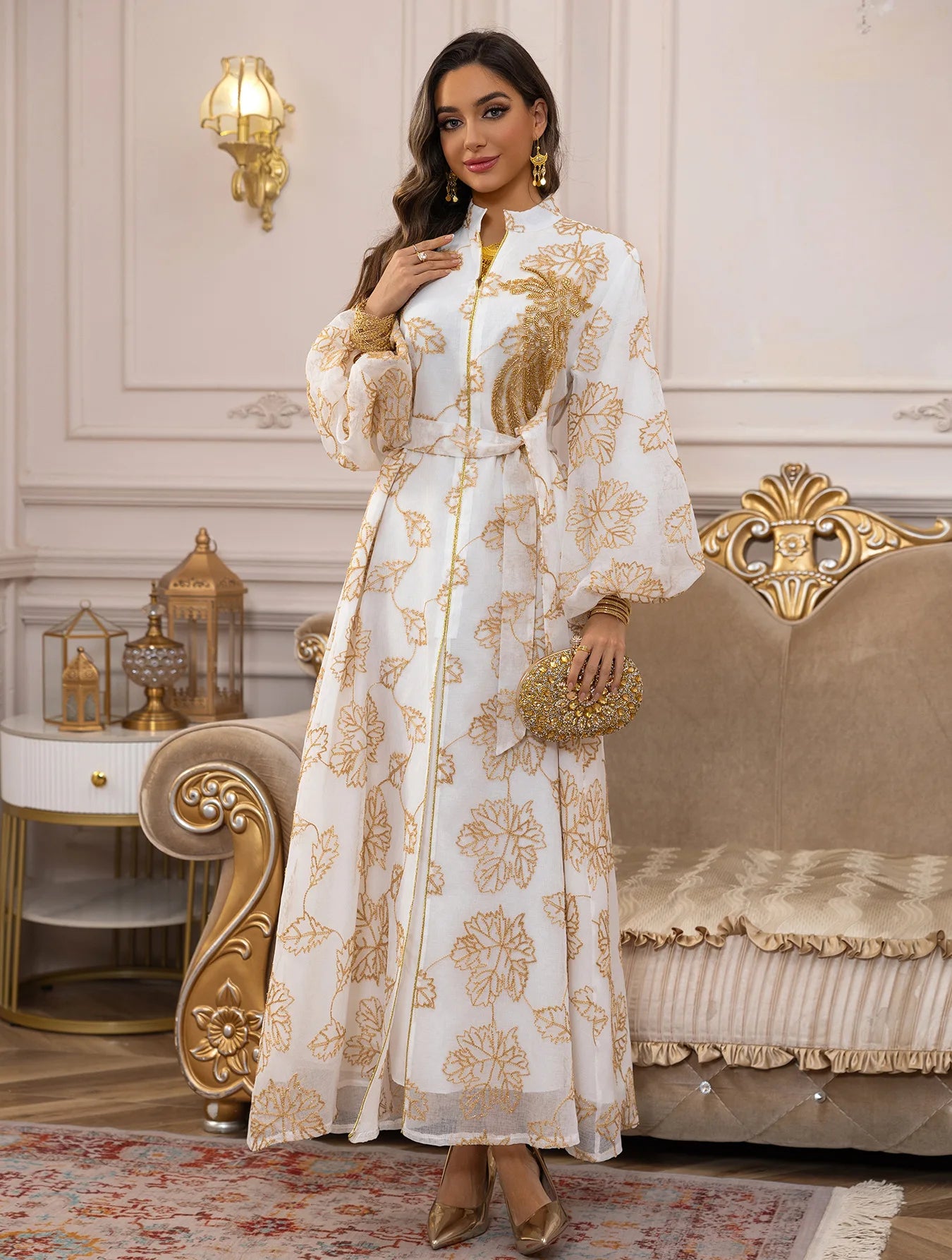 2025 Luxury Muslim Abaya White Base Gold Floral Embroidered Long Dress with Belted Waist Elegant Modest Islam Formal Wear  Dubai
