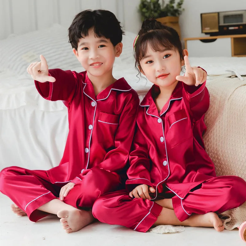 Satin Silk Pajama Set for Kids Boys Girl Long SLeeved Pijamas Children Silky Loungewear Teen Girl Pjs 2 to 4 6 8 10 12 14 Years