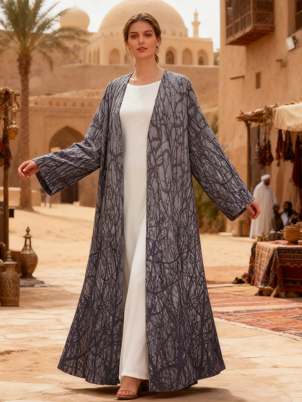 Stylish Tree Branch Print Open-Front Relaxed-Fit Long Abaya Women Muslim Moroccan Kaftan Ramadan Islam Dubai Arabic Robe 2026