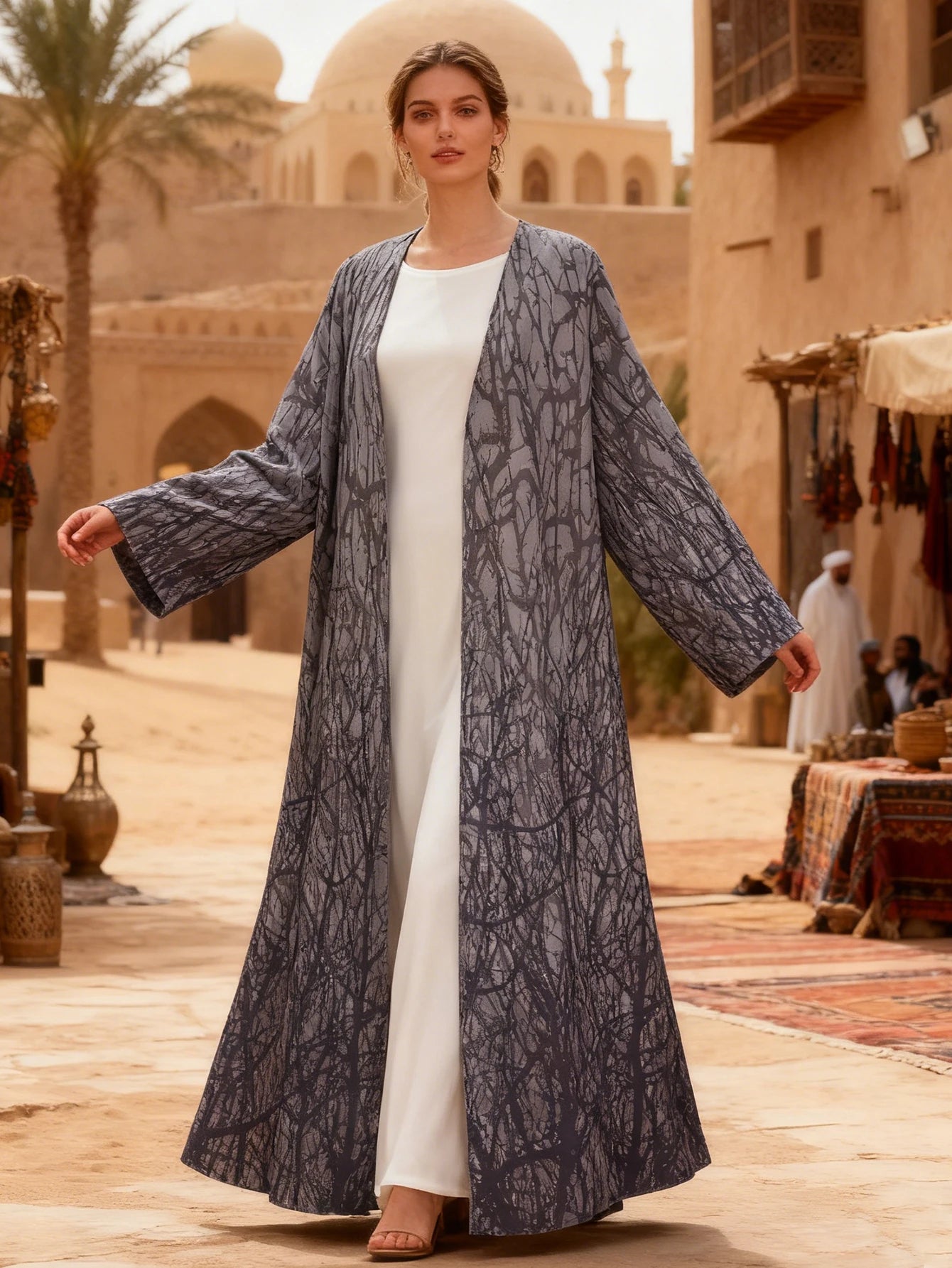 Stylish Tree Branch Print Open-Front Relaxed-Fit Long Abaya Women Muslim Moroccan Kaftan Ramadan Islam Dubai Arabic Robe 2026