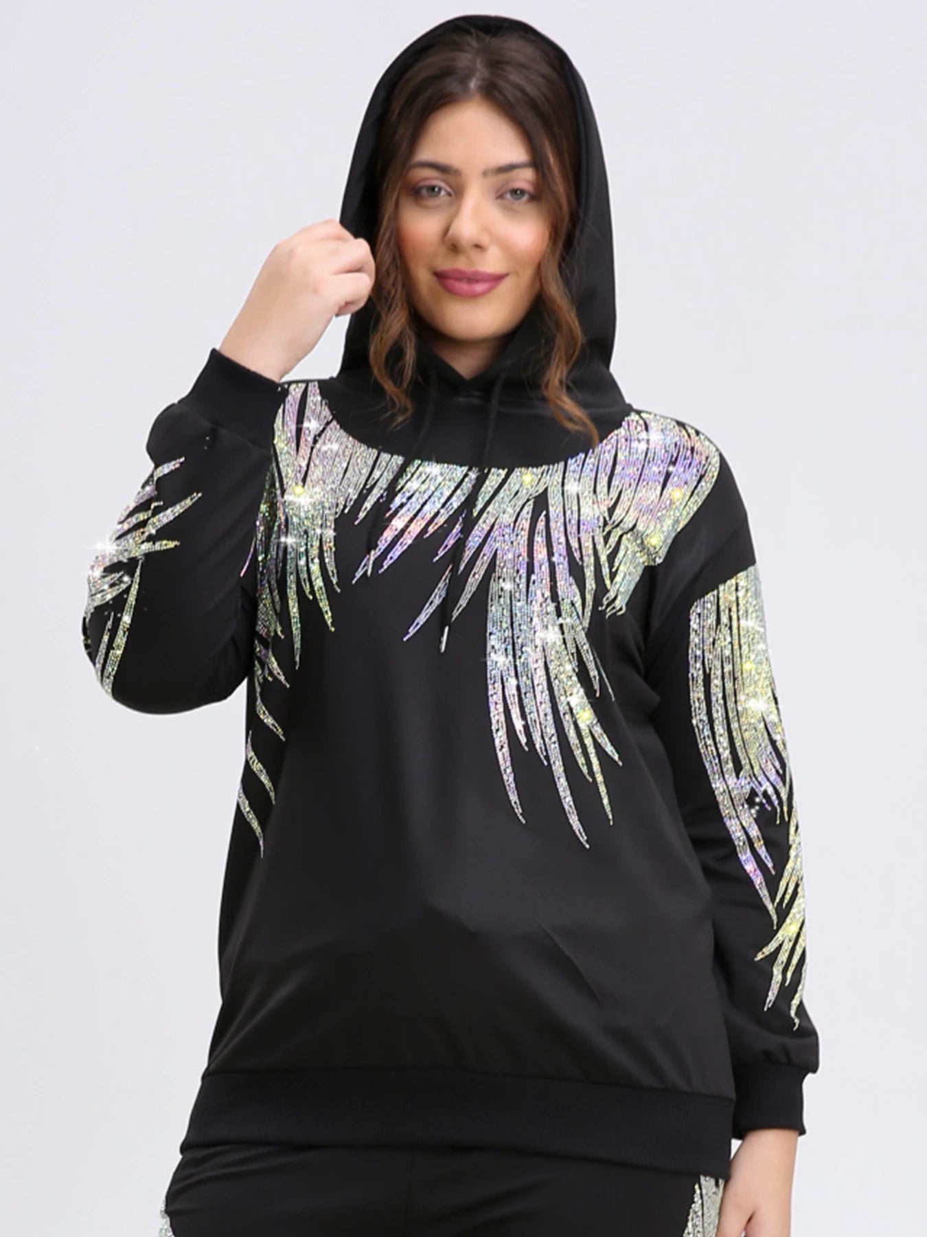 Plus Size Rhinestone Hoodie Long Sleeve Pullover Sweatshirt with Comfortable Design Y2K Fashion Inspired Graphic Hooded Top