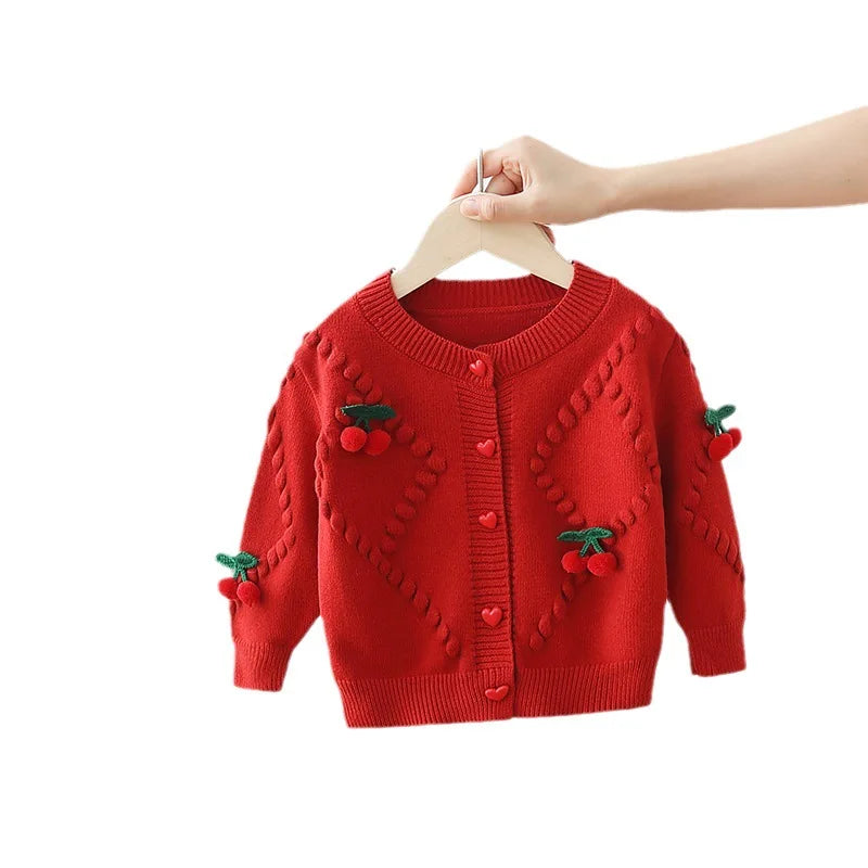 Girls' Sweaters Cardigan Spring Autumn New Love Button Warm Sweater Coats Korean Girls Cute Cherry Thicked Knitted Tops