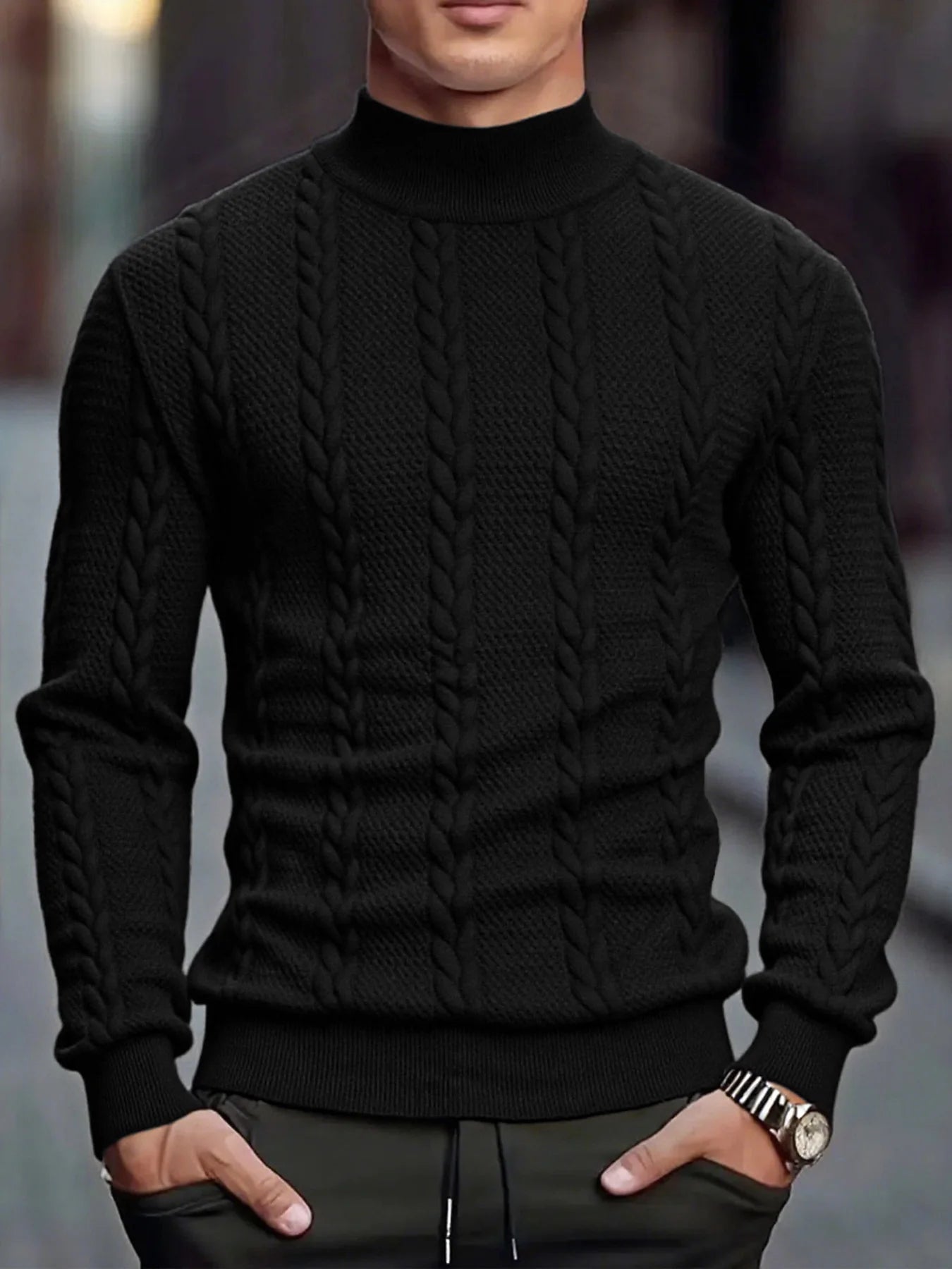 Men's Knitted High Collar Sweater Casual Vintage Twist Knitwear Sweater Tops Winter Solid Color Slim Fit Warmth Sweater Tops