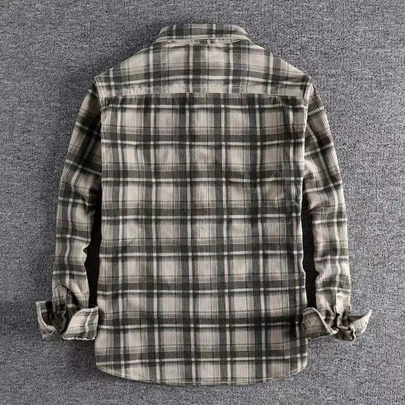 Japanese Vintage Men's Plaid Long Sleeve Shirt Spring Autumn Fashion Comfortable Corduroy Artistic Trendy Classic Shirts Tops