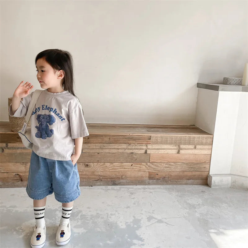 2119B-1 Baby Summer Denim Shorts Boys and Girls Patched Solid Color Short Pants for Kids Toddlers Korean Pants