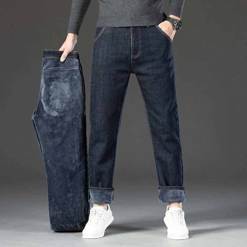 Winter Warm Fleece Jeans Men's Thick Thermal Casual Straight Denim Pants Male Business Work Stretch Trousers New Clothing