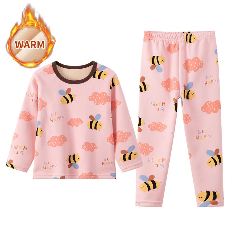 2-piece winter plus velvet children's cute printed pattern long-sleeved trousers for boys and girls Joker pajamas home service s