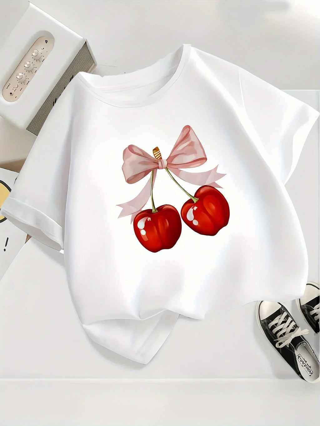 Girls' Casual Short Sleeve Round Neck T-Shirt Summer with Fabric Playful Casual Shirts for Girls Cherry Graphic Tee Comfortable