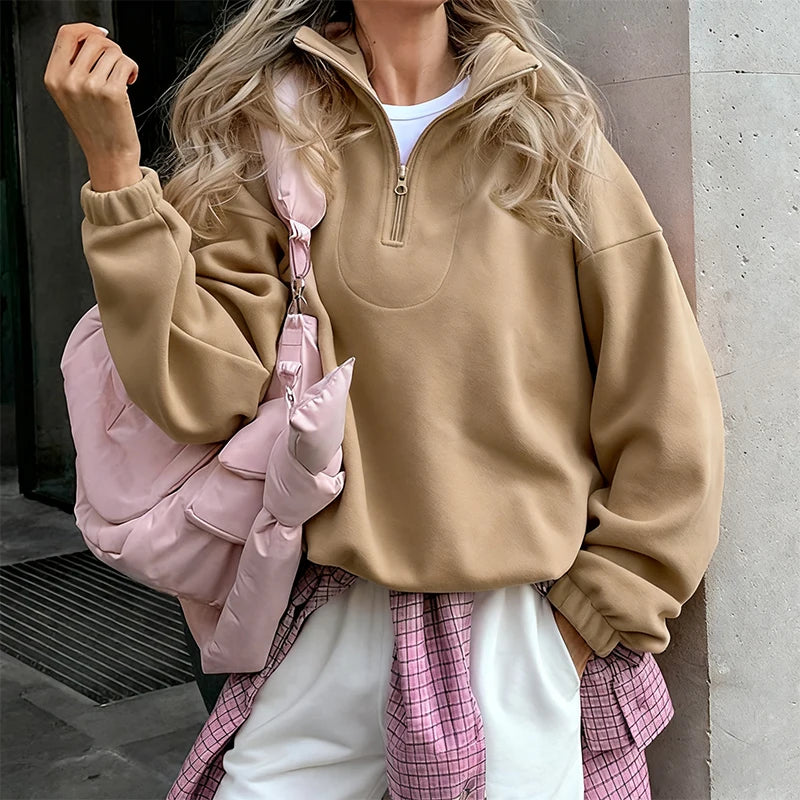 Pink Winter Lamb Fleece Hoodie Women Zipper Lapel Pullover