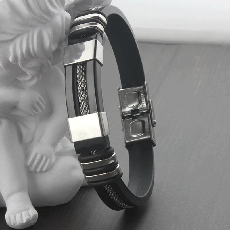 HNSP Stainless Steel Silicone Leather Bracelet For Men Cable Line Hand Chain Punk Jewelry Accessories Male Gift