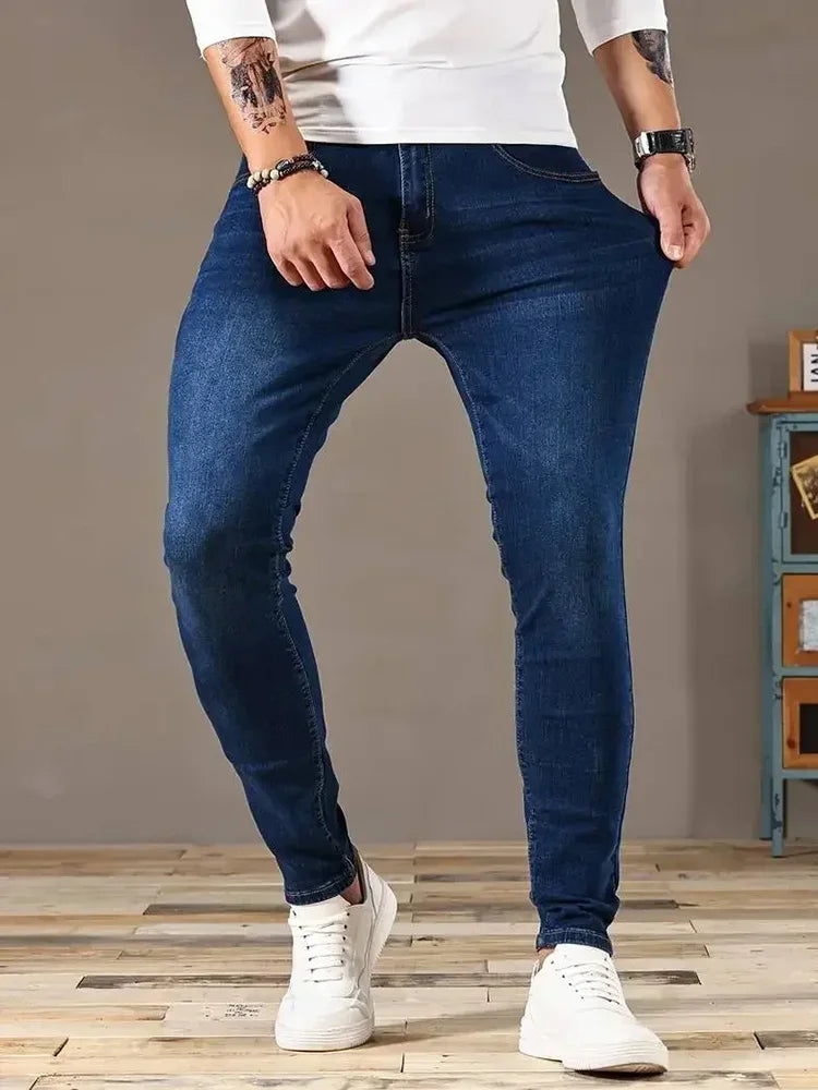 Men Jeans Stretch Skinny Denim Pants Solid Color Black Blue Spring Luxury Street Harajuku Hip-Hop Style Slim Fit Trousers Brand