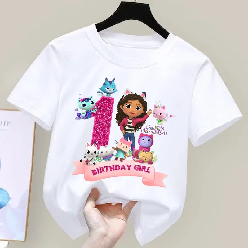 Gabbys Dollhouses Birthday Number T-shirt Girls White Pink Short Sleeve T-shirts Tops Cotton Summer Casual Party Supplies Tee