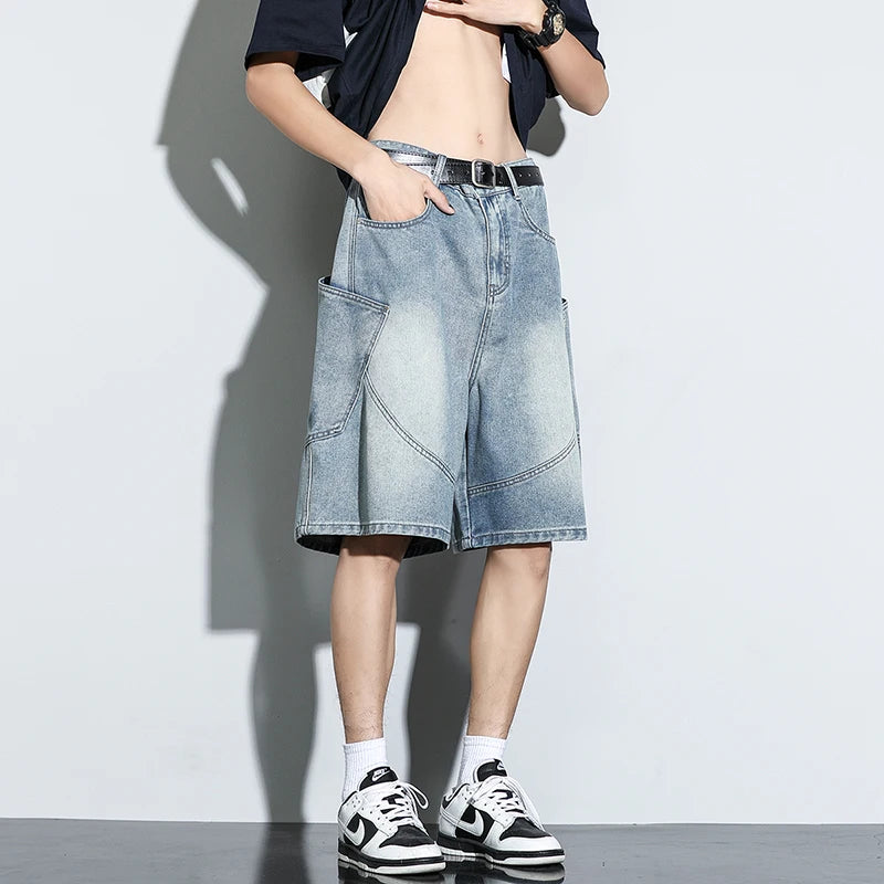 Summer New Baggy Denim Shorts Fashion Casual Straight Harajuku Jeans Male Vintage Wash Drawstring Short Pants Streetwear