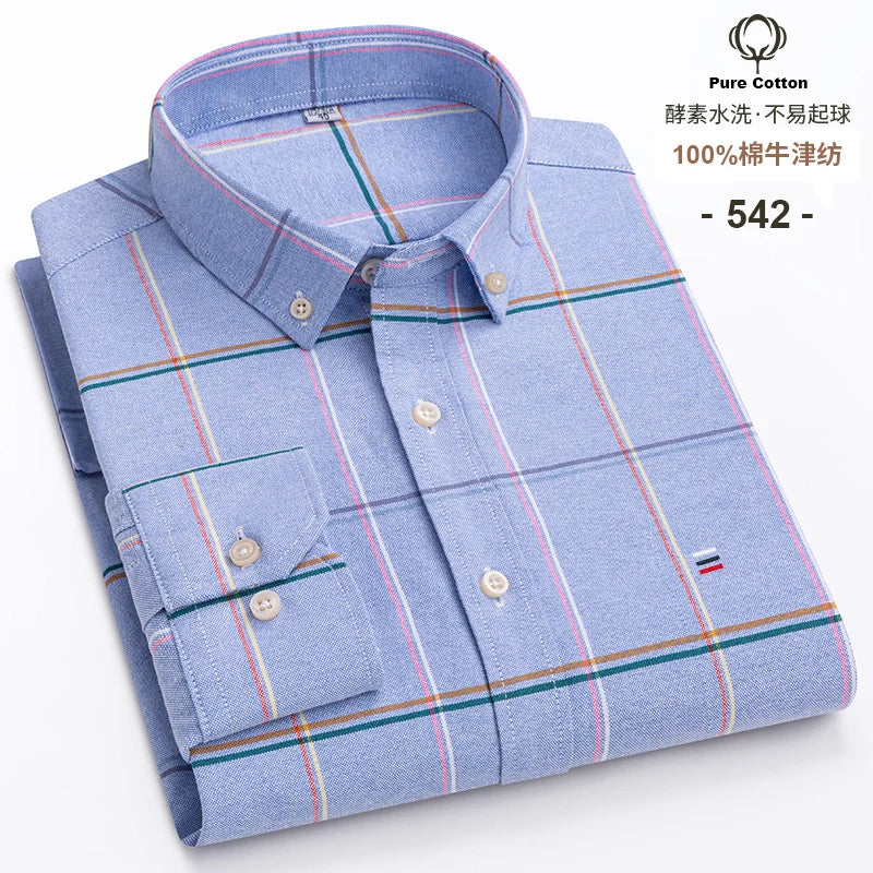 100% Cotton Oxford Men's Shirts Long Sleeves Plaid Soft Regular Fit Formal Dress Shirt Pocket Social Blouse Male Clothes S-7XL