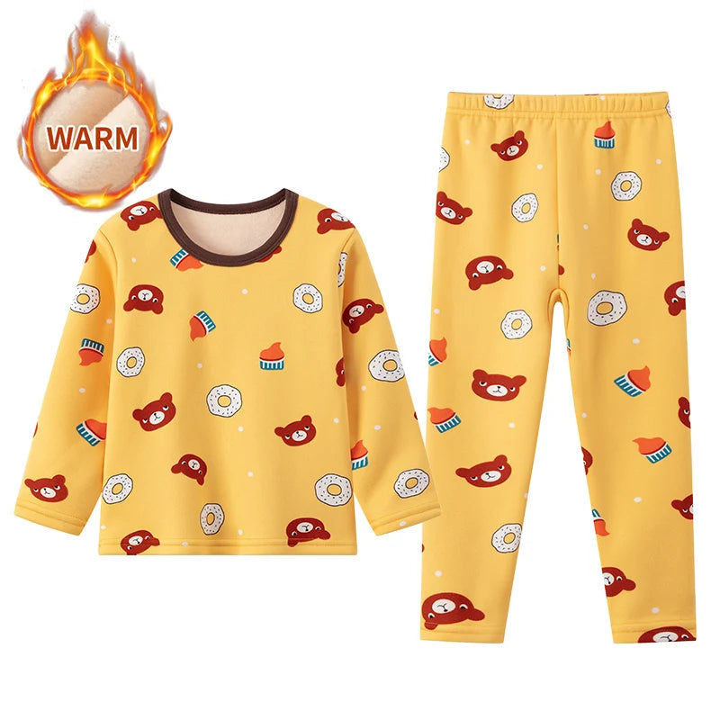 2-piece winter plus velvet children's cute printed pattern long-sleeved trousers for boys and girls Joker pajamas home service s
