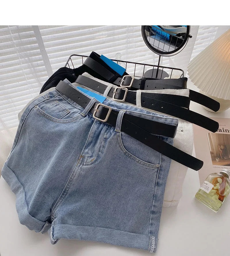 Summer Wide Leg High Waist Denim Shorts With Belt Women Korean Fashion Pocket Hot Pants Streetwear Casual Cowboy Jeans Shorts