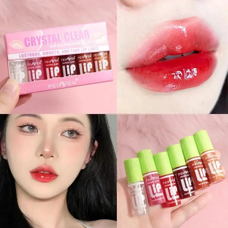 6 Pieces Glass Mirror Lip Gloss Set Hydrating Lightweight Lip Balm Glossy Shimmer Sheer Tint Peach Cherry Pink