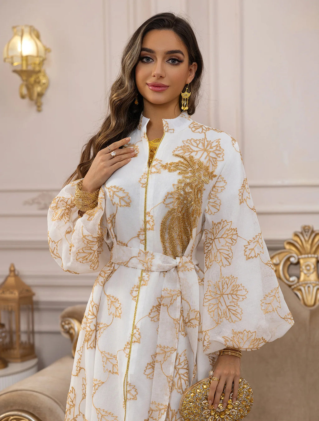 2025 Luxury Muslim Abaya White Base Gold Floral Embroidered Long Dress with Belted Waist Elegant Modest Islam Formal Wear  Dubai