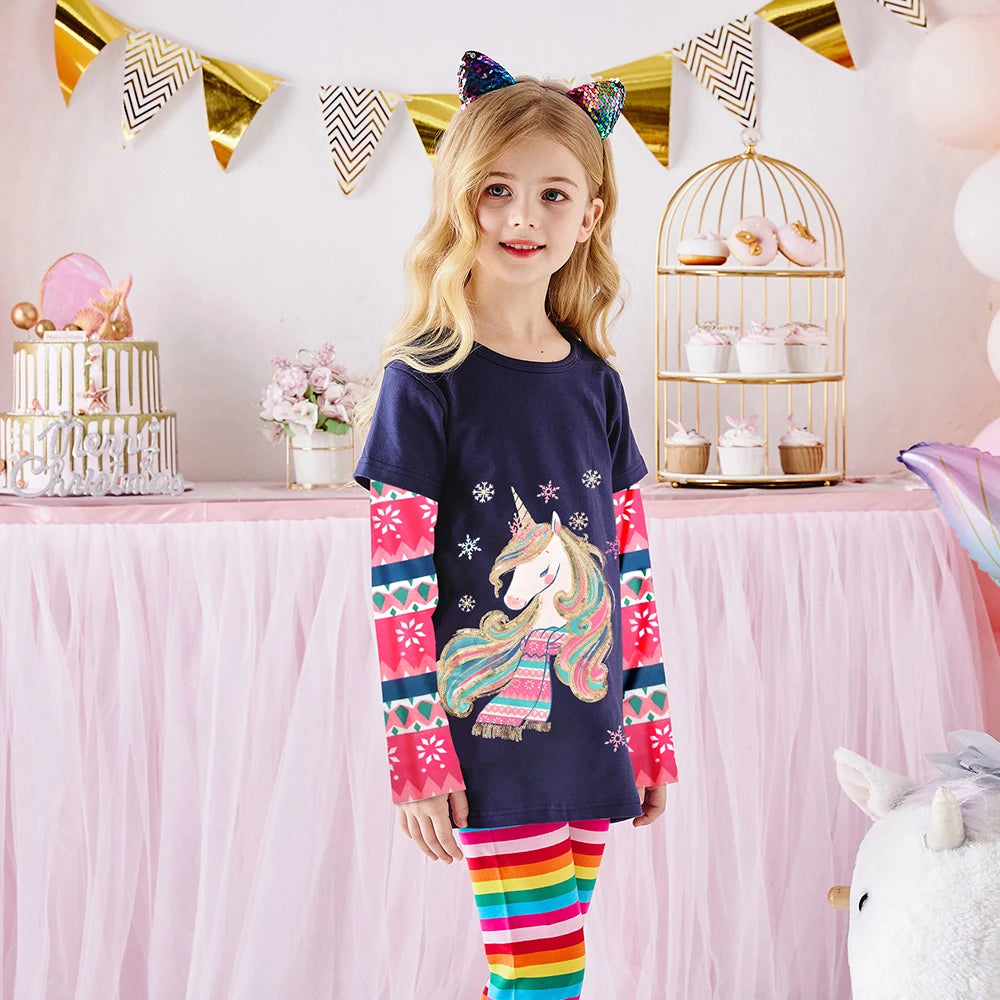 DXTON Children Tops Wear Autumn Striped Sleeve Girls T-shirts Snowflake Kids Tees School Casual Outfits Unicorn Girls Clothing
