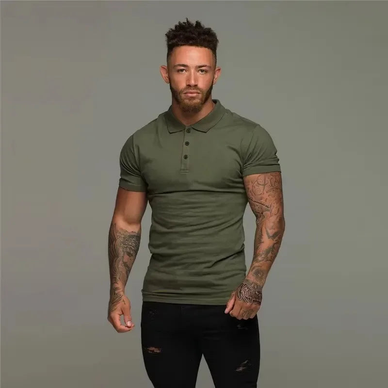 New Summer Fashion Mens Solid Short Sleeve Polo Shirts Slim Fit Turn Collar Male Gym Bodybuilding Fitness Polo Shirt